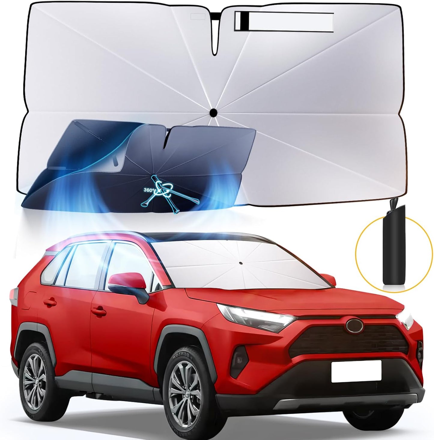 Windshield Sun Shade Umbrella: Fit for Toyota RAV4-2019-2024 2025 Hybrid Prime LE XLE XLE- 4-Layers Front Car Window Shades - Thickened Foldable RAV-4 Sunshades Block UV Keep Cool