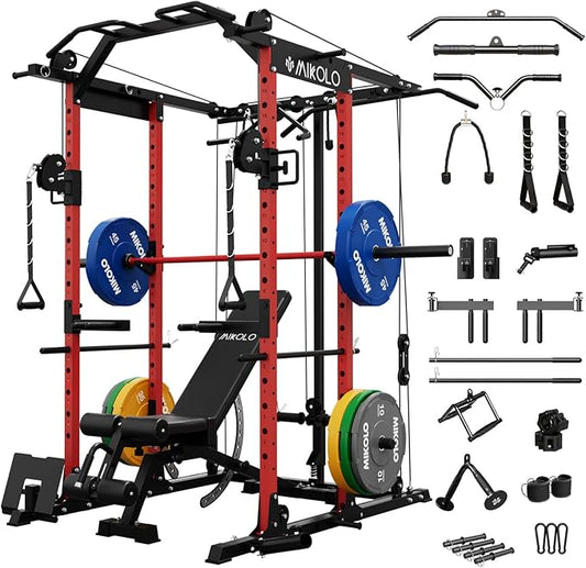 Mikolo Power Cage, Power Rack with Cable Crossover System, 1500LBS Squat Rack with LAT Pull Down System, Workout Cage with Pulley System for Fitness Home Gym