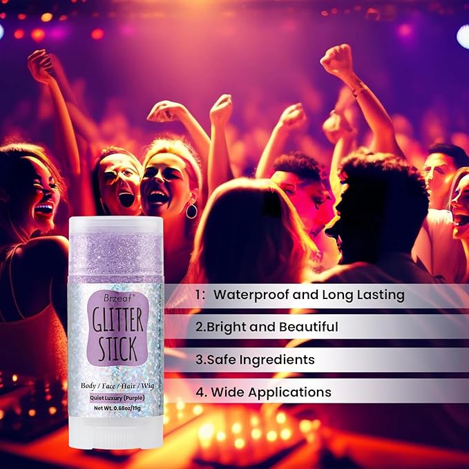 Brzeaf Waterproof Purple Glitter Stick, Shimmery&Not Greasy&Long Lasting, Chunky Glitter for Face/Body/Hair/Eyes, Singer Concert Music Rave Festival, Glitter Stick Makeup for Women Men
