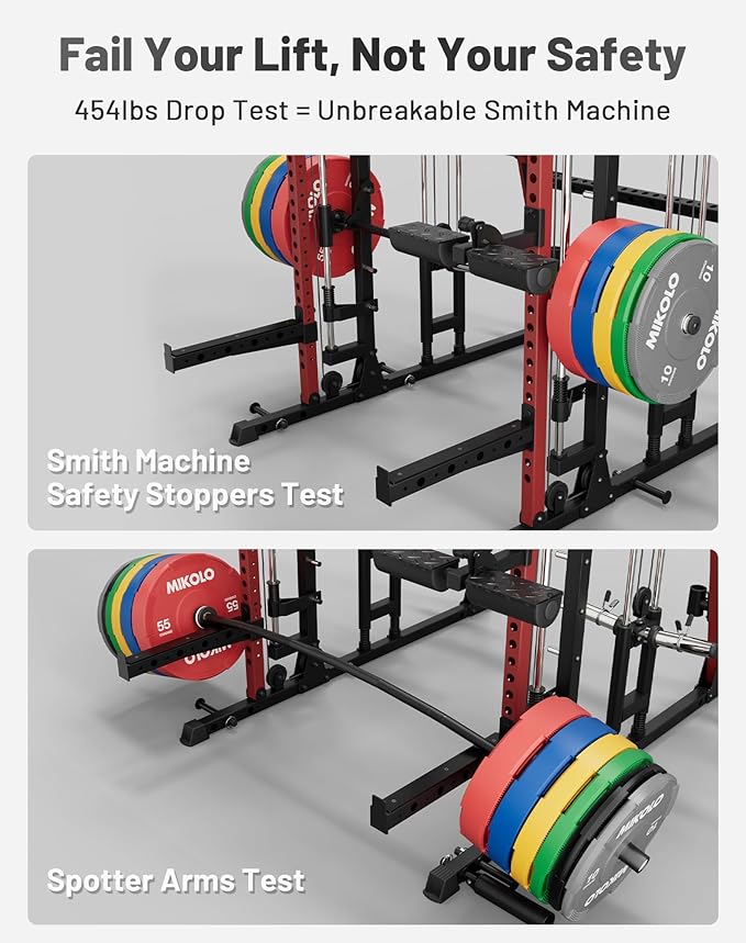 Mikolo Smith Machine, 2200lbs Squat Rack with LAT-Pull Down System & Cable Crossover Machine, Training Equipment with Leg Hold-Down Attachment