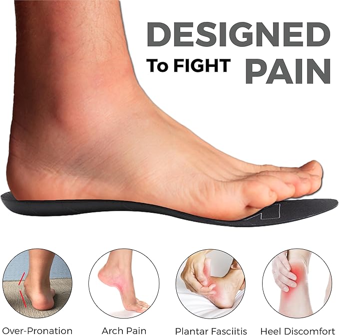 Ultra-Thin Plantar Fasciitis Insoles Designed for Comfort & Maximum Pain Relief, Ideal for Dress Shoes & Boots | Black (Men's 8-8.5, Women's 9.5-10)