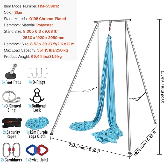 VEVOR Aerial Yoga Frame, 9.67 ft Height Swing Stand, Max 551.15 lbs Load Chrome-Plated Steel Pipe Inversion Yoga Rig for Indoor Outdoor Use