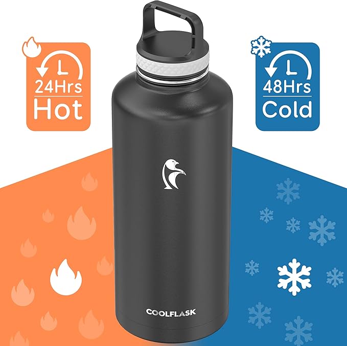 Insulated Water Bottle 87 oz with Straw, Coolflask 2/3 Gallon Stainless Steel Metal 3 Lids Large Water Jug for Sports or Office, Non-BPA Keep Cold Up to 48 Hrs or Hot Up to 24 Hrs, Magic Black