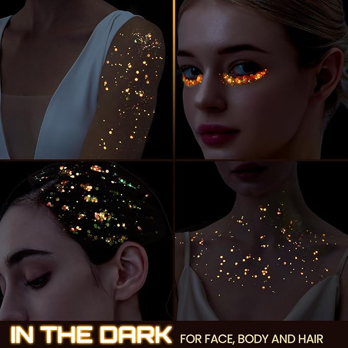 Teenitor Orange Glow in The Dark Glitter Gel, Orange Body Glitter Face Glitter for Halloween Makeup UV Black Light Festival Party Cheer Makeup