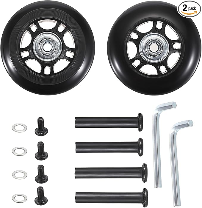 OwnMy 70mm x 23mm Luggage Wheels Replacements Set of 2 Mute Suitcase Replacement Wheels with Black Screws Axles Bearings, Silent Rotatable Rubber Luggage Suitcase Swivel Wheel Kit