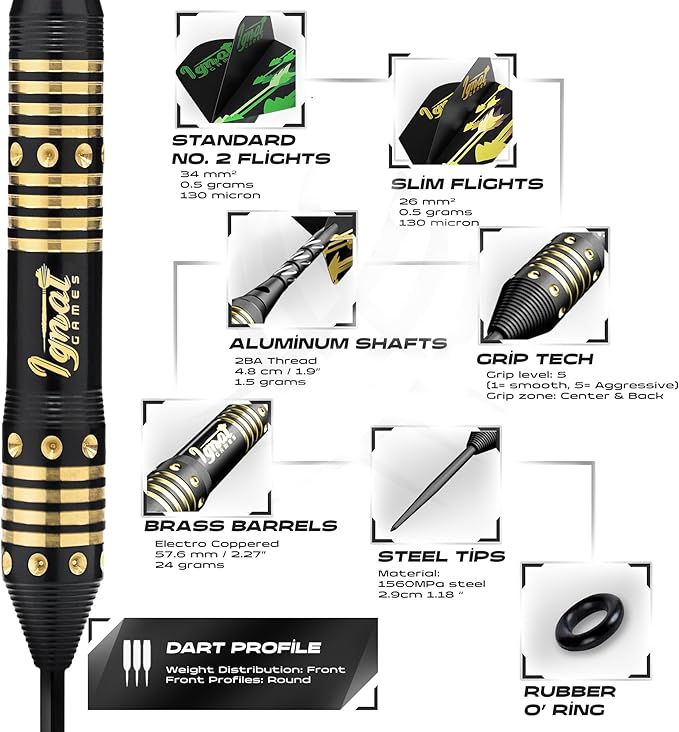 IgnatGames Premium Steel Tip Darts – 3/6/12 Pack Brass Barrels with Aluminum Shafts, 16 GlideXPro Flight Set, Tool Kit & Giftable Case