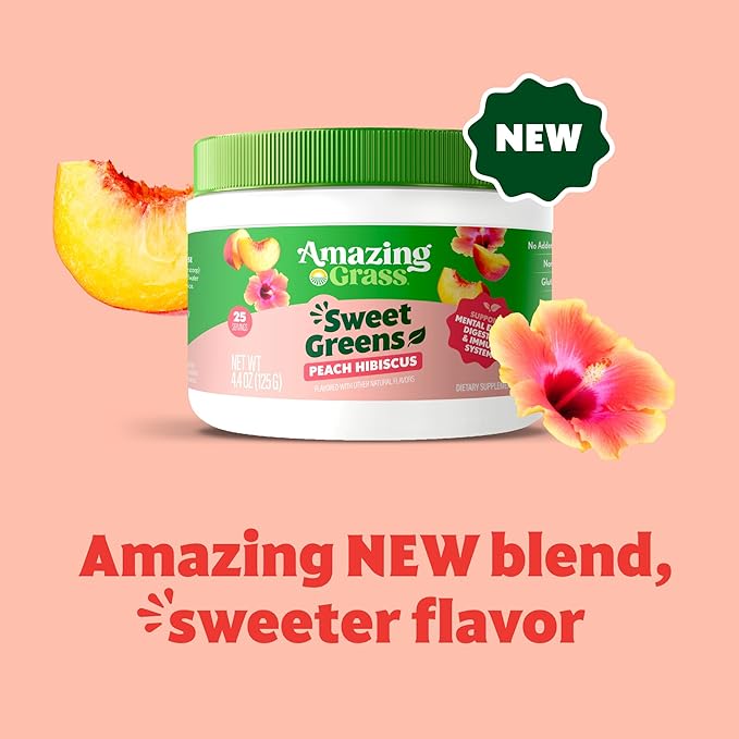Amazing Grass Sweet Greens and Superfoods Powder for Digestive Health, Greens Powder, Digestive Enzymes, Probiotics, Spirulina, Chlorella, Peach Hibiscus, 30 Servings
