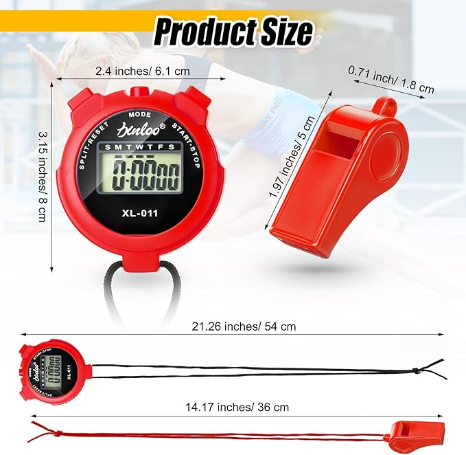 48 Pcs Digital Stopwatch Timer Plastic Whistle Bulk for Sports Coaches Referee Waterproof Watch Timer Whistle with Lanyard Multi Function Electronic Fitness Date Alarm (Red)