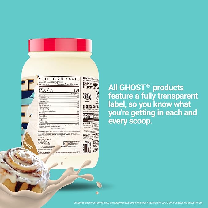 GHOST Whey Protein Powder, Cinnabon - 2LB, 25G of Protein - Cinnamon Roll Flavored Isolate, Concentrate & Hydrolyzed Whey Protein Blend - Post Workout Shakes - Soy & Gluten Free