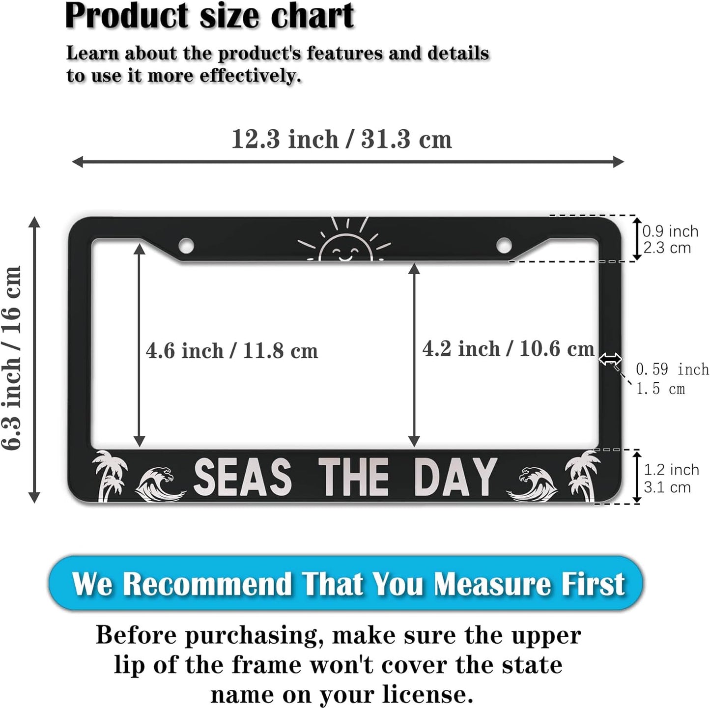 License Plate Frames for Men Black and White License Plate Cover for Women Seas The Day Aluminum Metal Car Accessory 2 Pack with Screw Covers Set