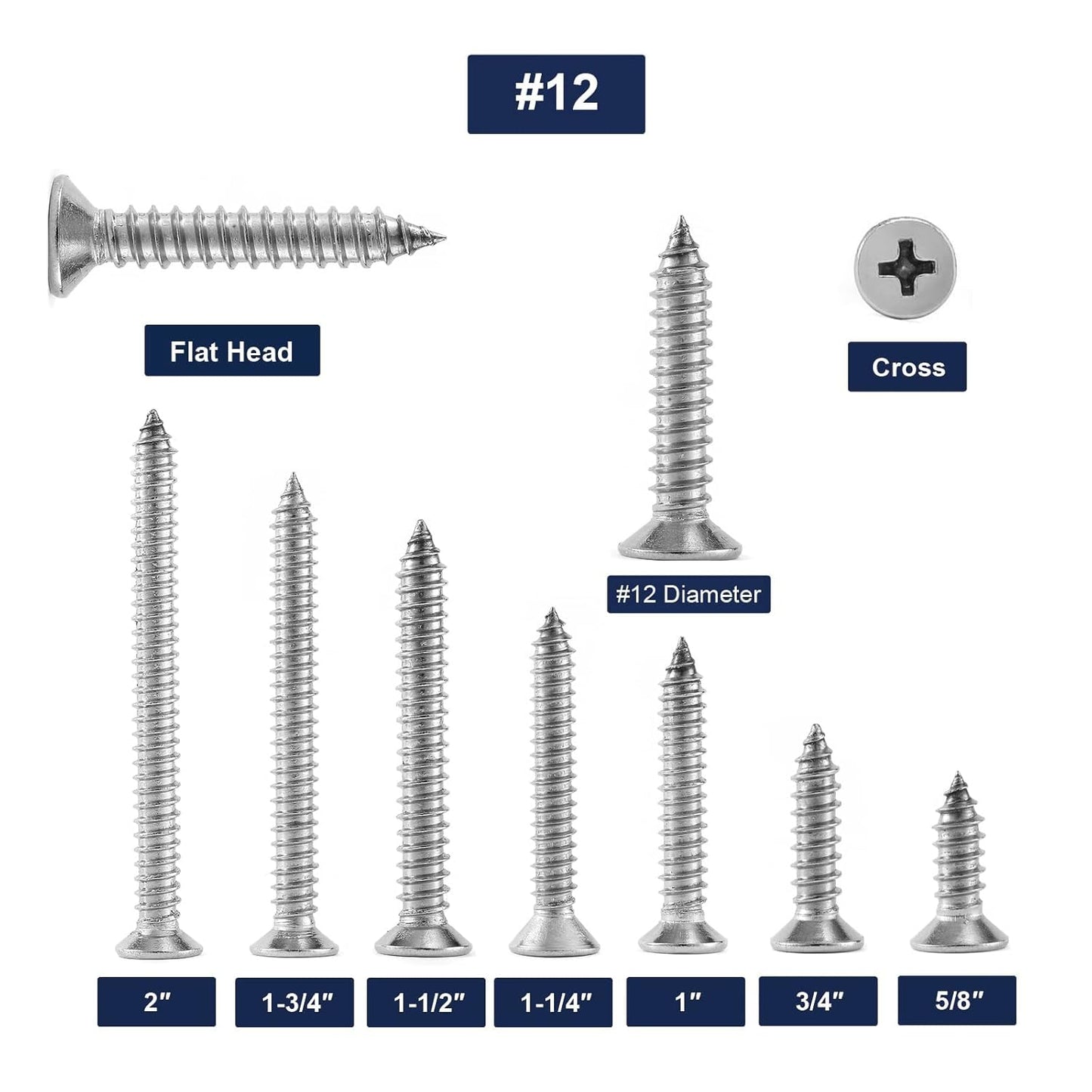 #12 x 1" Wood Screw 100Pcs 18-8 (304) Stainless Steel Screws Flat Head Phillips Fast Self Tapping Drywall Screws by SG TZH