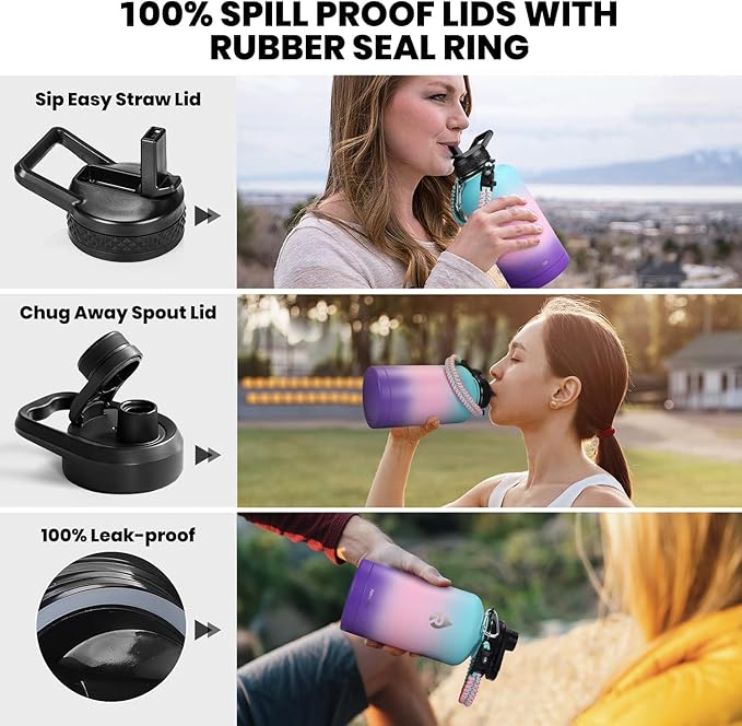 Insulated Water Bottle 64 oz, Triple Wall Vacuum Stainless Steel (Cold for 48 Hrs), Leak Proof & Non-BPA, Half Gallon Water Flask Jug with Paracord Handle & Straw Spout Lids, Hydrangea