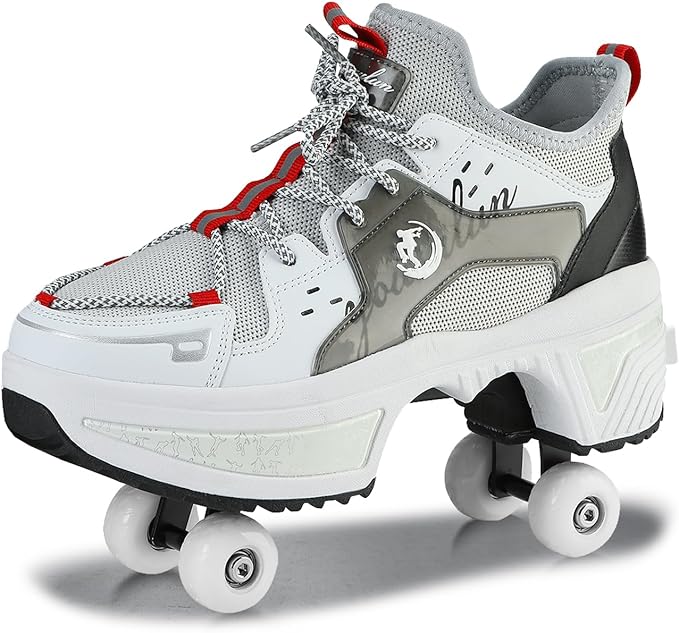 Roller Skate Shoes for Women Four Rounds Children's Roller Skates Shoes That Turn into Rollerskates Sneakers Outdoor Light Shoes with Wheels for Girls/Boys