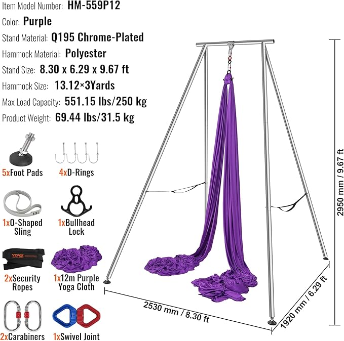 VEVOR Aerial Yoga Frame, 9.67 ft Height Swing Stand, Max 551.15 lbs Load Chrome-Plated Steel Pipe Inversion Yoga Rig for Indoor Outdoor Use