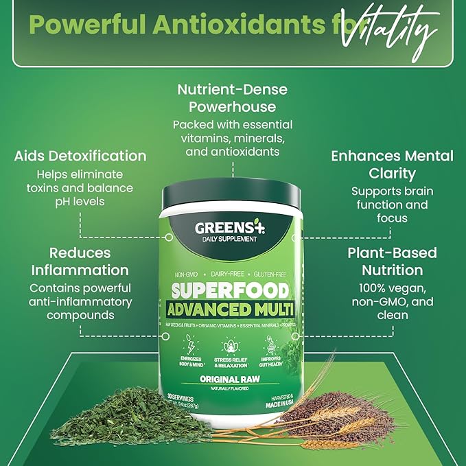 Greens+ Advanced Multi Raw Superfood | Essential Blend of Raw Foods, Superfruits and Sea Vegetables Powder | Vegan | Dietary Supplement | Non GMO, Soy Dairy & Gluten-Free | Size 9.4oz