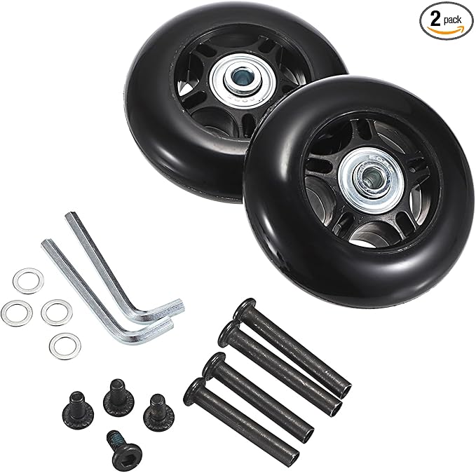 OwnMy 75mm x 23mm Luggage Wheels Replacements Set of 2 Mute Suitcase Replacement Wheels with Black Screws Axles Bearings, Rotatable Silent Rubber Suitcase Swivel Wheel Kit