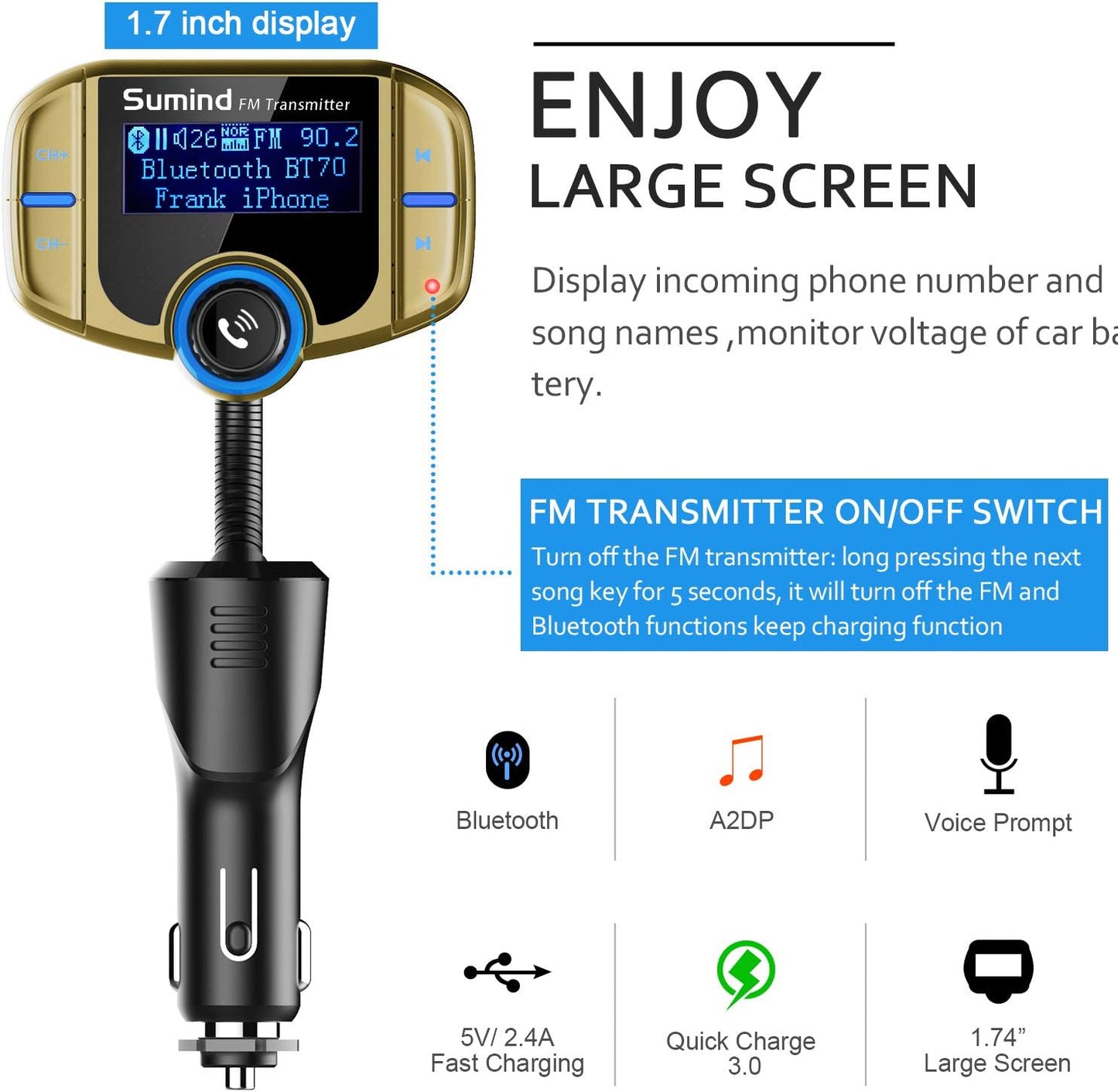 Upgraded Bluetooth FM Transmitter, Wireless Radio Adapter Hands Free Car Kit with 1.7'' Display, QC3.0 and Smart 2.4Amp Dual USB Ports, AUX Input/Output, TF Card Mp3 Player (Normal, Golden)