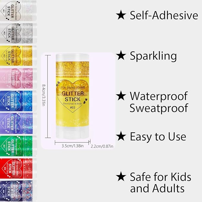 Mysense Gold Body Glitter Stick,Mardi Gras Accessories,Sparkling Face Hair Glitter,Mermaid Sequins Chunky Glitter Face Paint,Singer Concert Outfit Festival Rave Accessories for Women and Kids