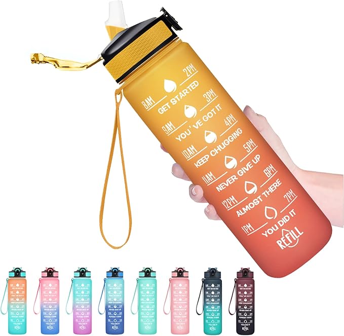 Hyeta 32 oz Water Bottles with Times to Drink and Straw, Motivational Water Bottle with Time Marker, Leakproof, Drinking Sports Water Bottle for Fitness, Gym and Outdoor