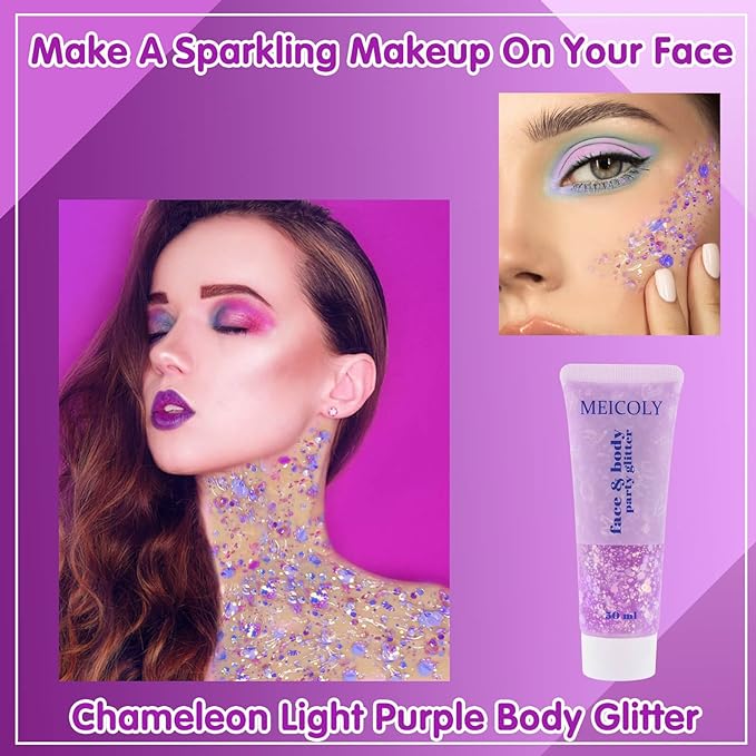 MEICOLY Chameleon Light Purple Body Glitter,Chunky Face Glitter for Halloween,Color Changing Mermaid Face Glitter Gel,Holographic Glitter Sequins for Face Body Hair,Festival Party Cheer Glitter Makeup