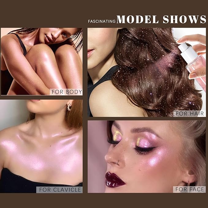 Body Glitter Spray, Moisturizing Bronze Body Shimmer Luminizer Glow Illuminator Quick-Drying and Non-Sticky Liquid Highlighter Spray for Face Hair Glitter, 60ML -Pink