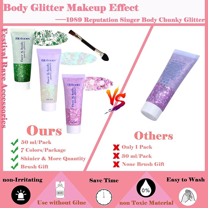 Body Glitter Face Glitter Gel: Singer Concerts Disco Festival Rave Accessories Face Glitter Makeup 150ml Chunky Sequins Mermaid Face Body Hair Glitter Gel (Green&White&Pink)