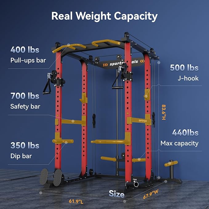 Sportsroyals Power Cage,1600lbs Multi-Function Power Rack with Adjustable Cable Crossover System and More Training Attachment, Weight Cage for Home Gym