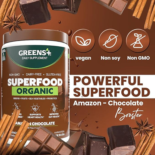 Greens+ Plus Organic Superfood Amazon Chocolate, Boost Energy, Essential Blend of Raw Foods, Non GMO, Gluten Free, USDA Organic and Vegan Powder, 8.46 oz