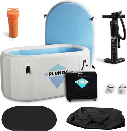 Kodiak 59" 1-Person Inflatable Cold Plunge Ice Bath or Hot Tub with 1 HP Chiller and Heater, PVC Insulated Lid, Hand Pump, Repair Kit, 110-Gallon Capacity, Indoor/Outdoor Tub – Gray