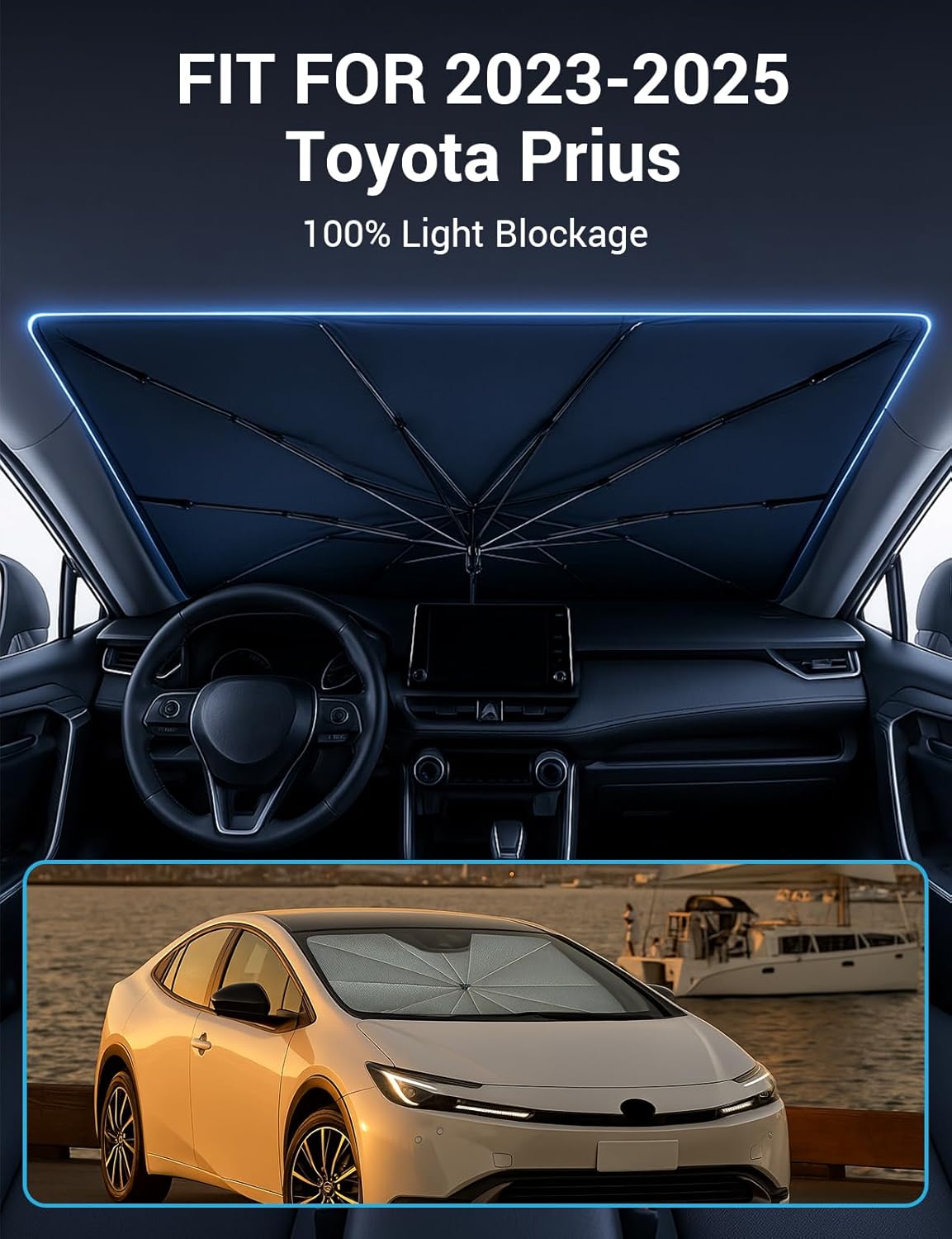 Proadsy Windshield Sun Shade Umbrella for Toyota Prius 2023-2025 2026 Foldable Car Umbrella Sunshade with Soft TPU Handle Spring Structure Crystal Cooling Material Protect Car from Rays & Heat