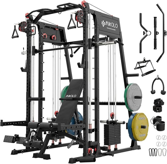 Mikolo Smith Machine, 2200lbs Squat Rack with LAT-Pull Down System & Cable Crossover Machine, Training Equipment with Leg Hold-Down Attachment