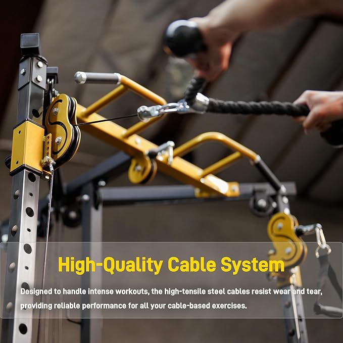 Power Rack with Dual Pulley System, Cable Crossover, LAT Pulldown, Bench Press & Squat Rack, Full Body Strength Training Cage for Home Gym