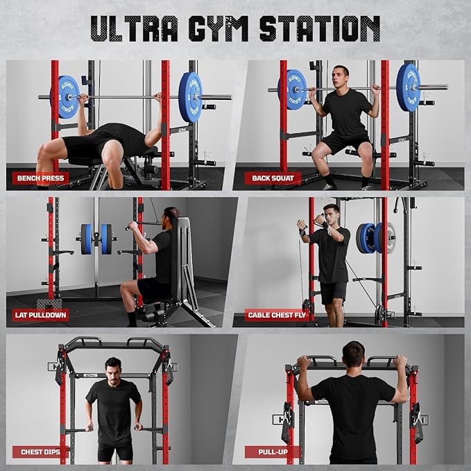 R1-V4 Power Cage Rack, 2000LB Squat Rack with Cable Crossover System, Multi-Function Weight Cage, Home Gym Workout Machine with More Training Attachments