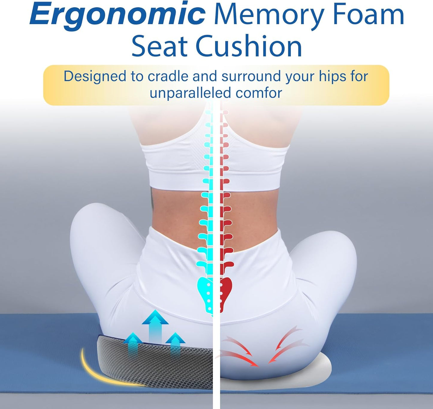 Car Seat Cushion, Ergonomic Memory Foam Car Cushion for Sciatica Pain Relief, Larger Driving Seat Pillow for Short Drivers on Long Drives - Butt Pillow for Truck, Office, Wheelchair - Blue&Gray