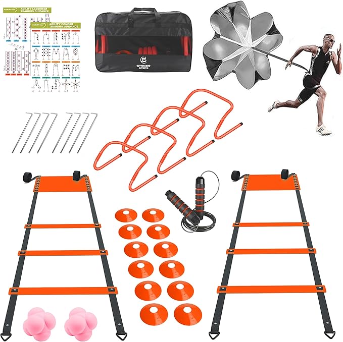 Agility Ladder Speed Training Equipment Set-2x 20ft Agility Ladder,12 Soccer Cones,4 Adjustable Hurdles, Jump Rope, Running Parachute| Basketball Football Soccer Training Equipment for Kids Adults