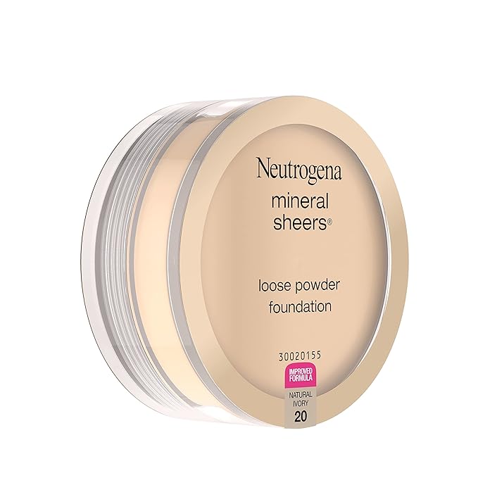 Neutrogena Mineral Sheers Loose Powder Makeup Foundation, Lightweight Face Makeup, Sheer to Medium Buildable Coverage, Sensitive Skin Foundation with Vitamins A, C, & E, Natural Ivory 20, .19 oz