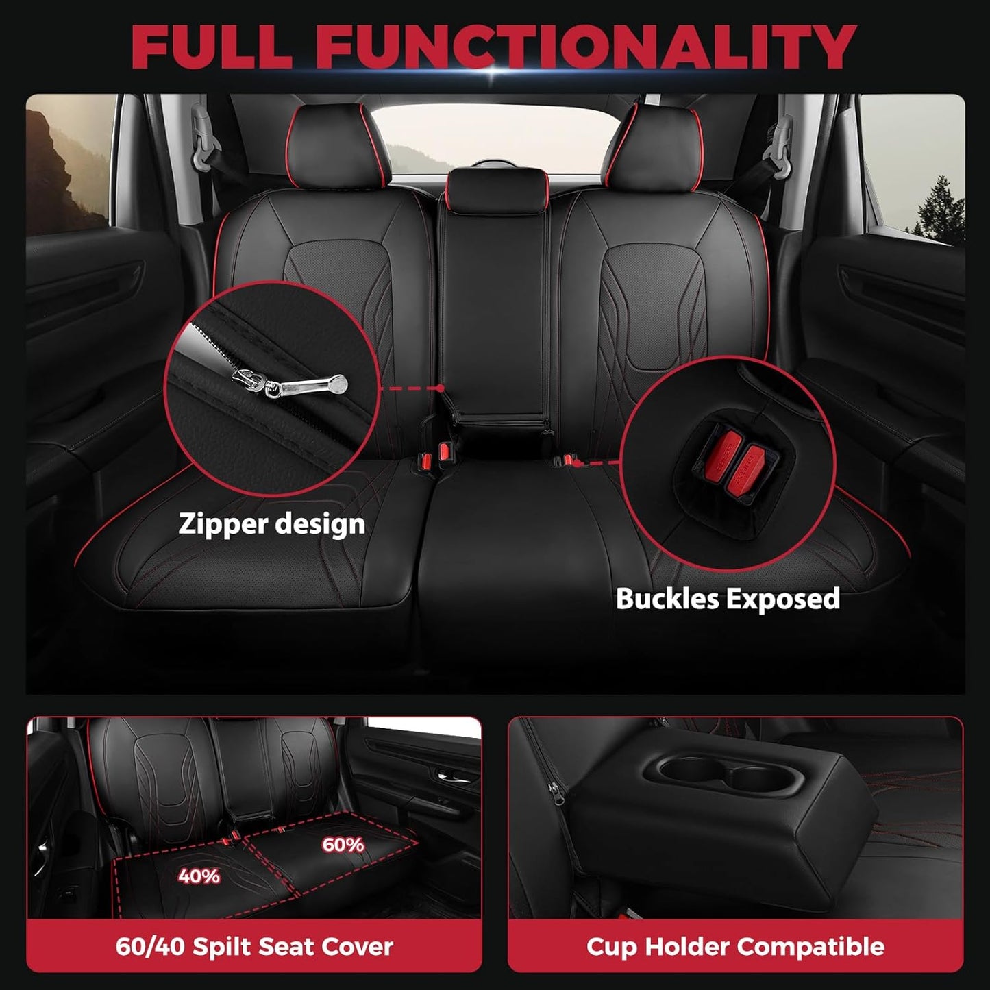 FREESOO Seat Covers for Honda CRV, Custom Fit Seat Covers Full Set, CRV LX EX EX-L Sport Touring Special Edition Trailsport Hybrid & Gas 2023 2024 2025 2026, Waterproof Leather Seat Cover, Black & Red