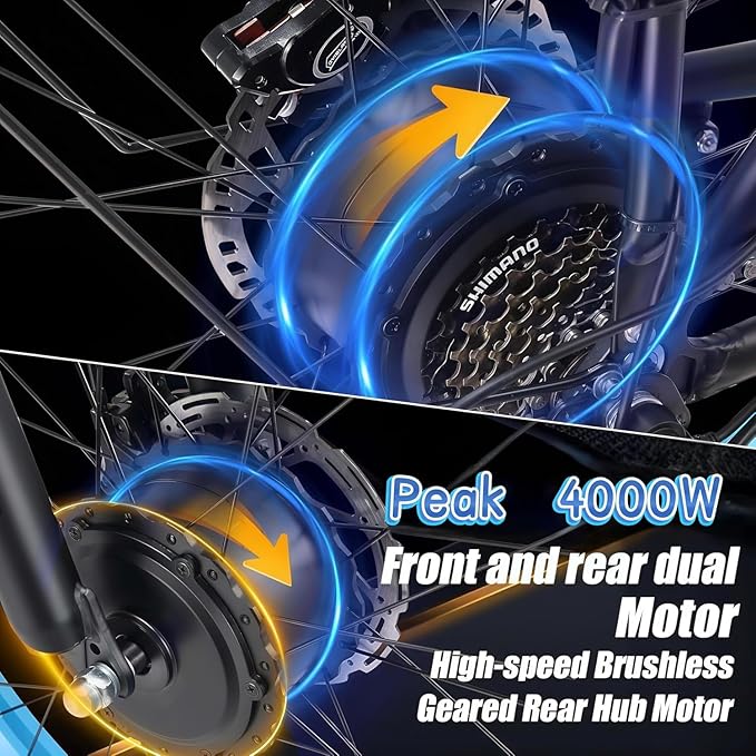 Electric Bike for Adults, AWD Ebike Dual Motor, 26'' Fat Tire Peak 4000W Ebikes with 48V 23AH Battery Hydraulic Brake Electric Bicycle, 21 Speed Dirt Bikes UL Certified