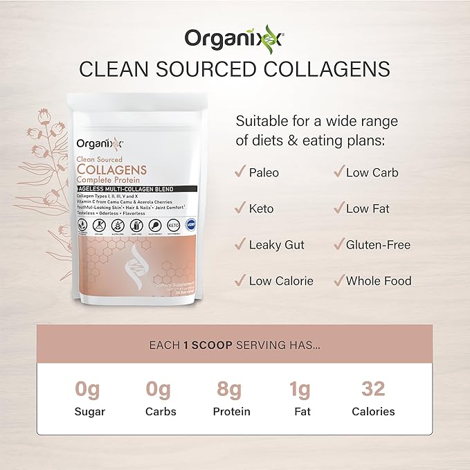 Organixx Collagen Peptides Powder with Vitamin C, Types I, II, III, V, X Hydrolyzed Collagen, Hair, Nail, Skin, Bone & Joint Health, Aging Support, Clean Sourced, Gluten Free, Unflavored, 30 Servings