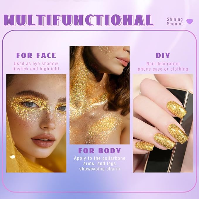 Roll-on Holographic Body Glitter Gel for Face Hair, Chameleon Color Changing Glitter Gel Under Light, Chunky Mermaid Sequins Festival Party Rave Accessories Shimmer Makeup (18# Gold)