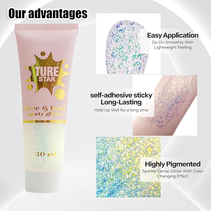 Go Ho Chameleon Gold Body Glitter Gel,Color Changing Mardi Gras Face Glitter,Holographic Fine Chunky Sequins Glitters,Reflective Sparkly Festival Rave Accessories