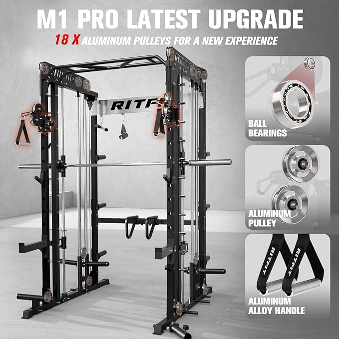 RitFit M1 & M1 Pro Smith Machine with Cable Crossover System, Multi-Function Squat Rack Power Cage for Home Gym, Power Rack and Packages