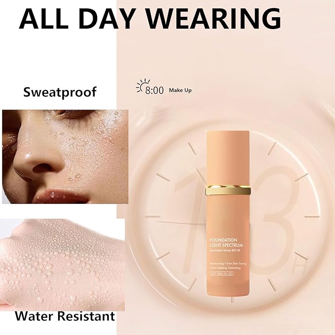 Bio Foundation 4 in 1 Light Spectrum, Color Changing Full Coverage Concealer Foundation, SPF50+ Long-Wearing & Waterproof for Sport, Dancing, Outside-30ML