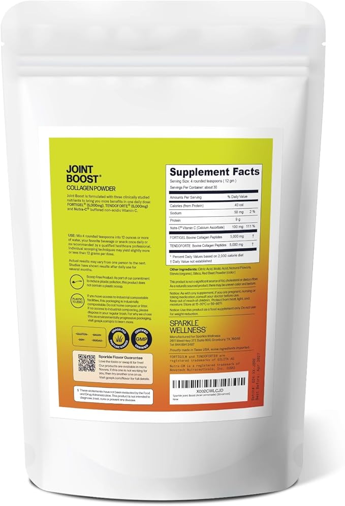 Sparkle Wellness Joint Boost (Acai Lemonade) [30-Serves] | Collagen Powder Supplement with FORTIGEL & TENDOFORTE Collagen Peptides & Calcium Ascorbate Vitamin C | Supports Joint Mobility