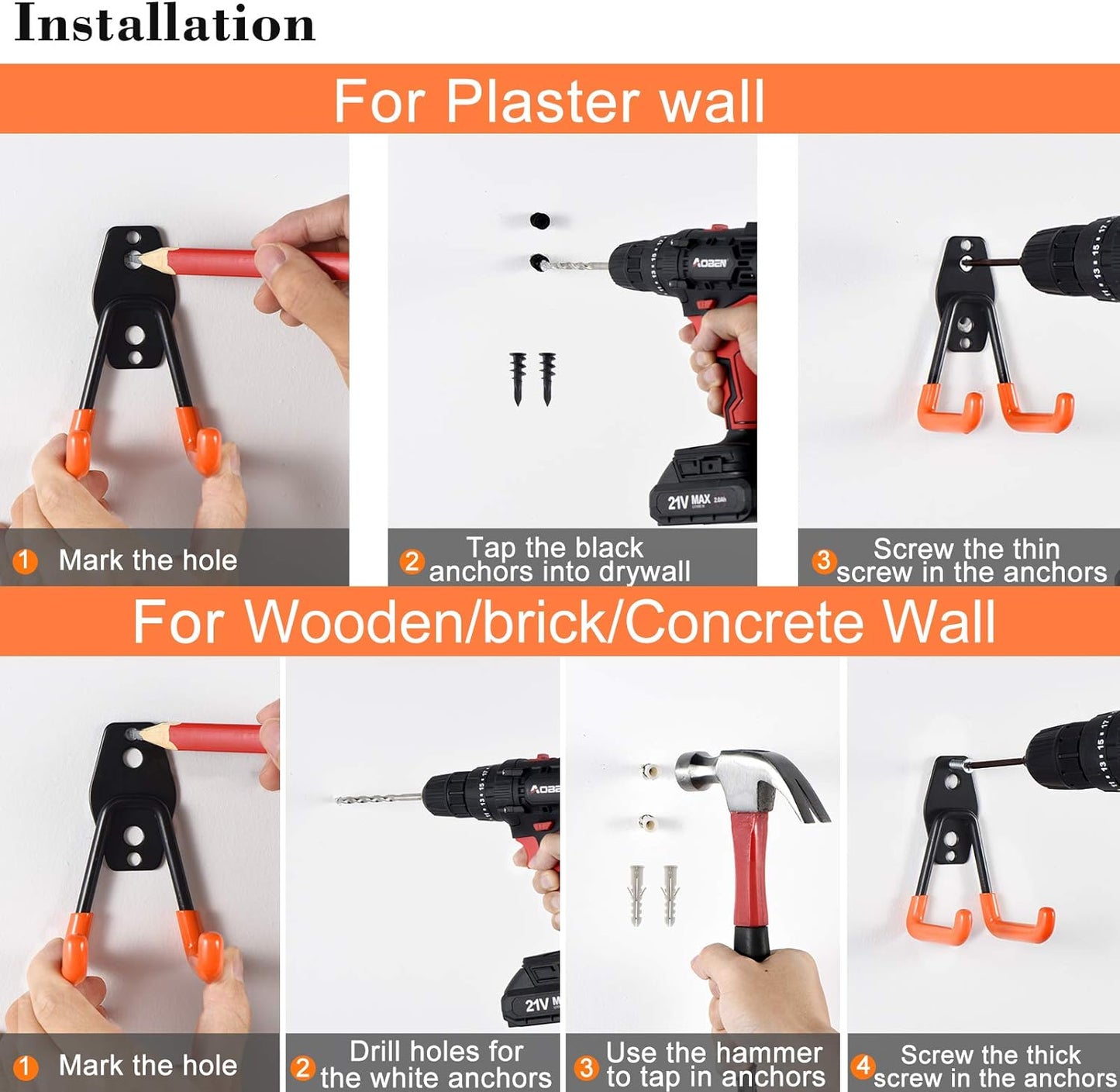 AOBEN Garage Hooks Heavy Duty, Steel Garage Storage Hooks, Utility Tool Hangers and Combinable Wall Mount for Organizing Ladders, Bikes, Hoses, and More Equipment (Large J, 10 Pack)