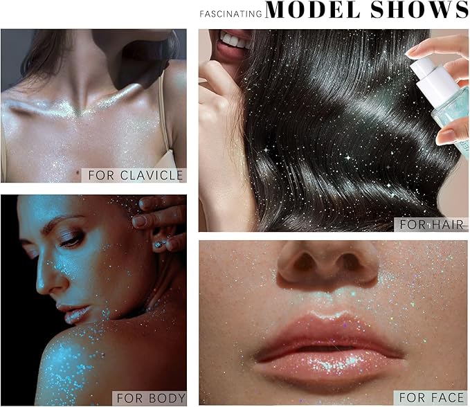 Body Glitter Spray, Moisturizing Bronze Body Shimmer Luminizer Glow Illuminator Quick-Drying and Non-Sticky Liquid Highlighter Spray for Face Hair Glitter, 60ML -Blue