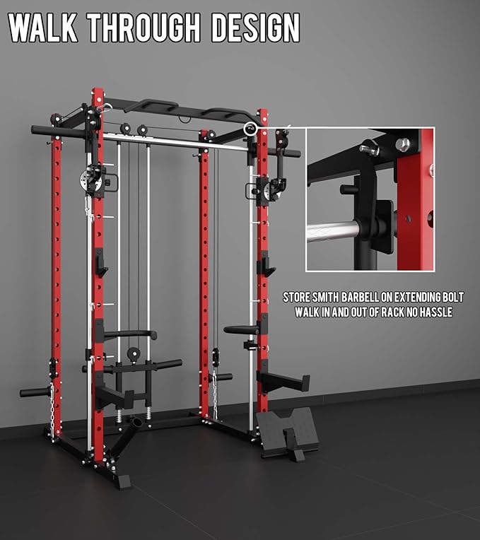 Eonfit E3 Smith Machine with 360°Rotating Arm for Home Gym Equipment, Multi-Function Power Cage Squat Rack with Cable Crossover LAT Pulldown Pulley System All in One