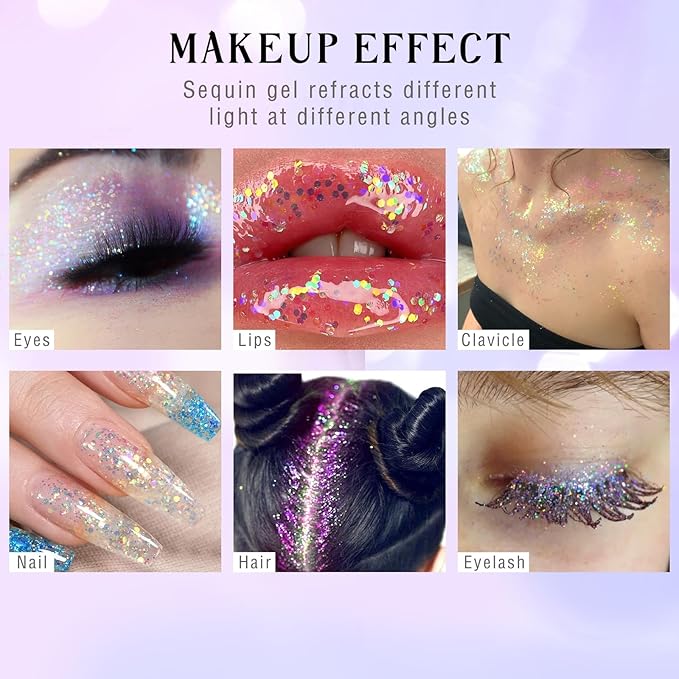 Roll-on Holographic Body Glitter Gel for Face Hair, Chameleon Color Changing Glitter Gel Under Light, Chunky Mermaid Sequins Festival Party Rave Accessories Shimmer Makeup (13# Dazzle)