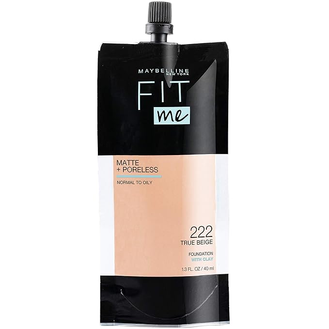 Maybelline New York Fit Me Matte + Poreless Liquid Foundation, Pouch Format, 222 True Beige, 1.3 Ounce