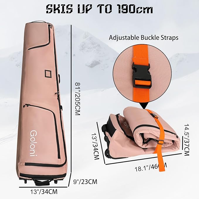 Goloni Ski Bag with Wheels,Padded Snowboard Bag for Air Travel,600D Waterproof Fabric,Foldable Snow Bag Fits 2 Pairs Skis